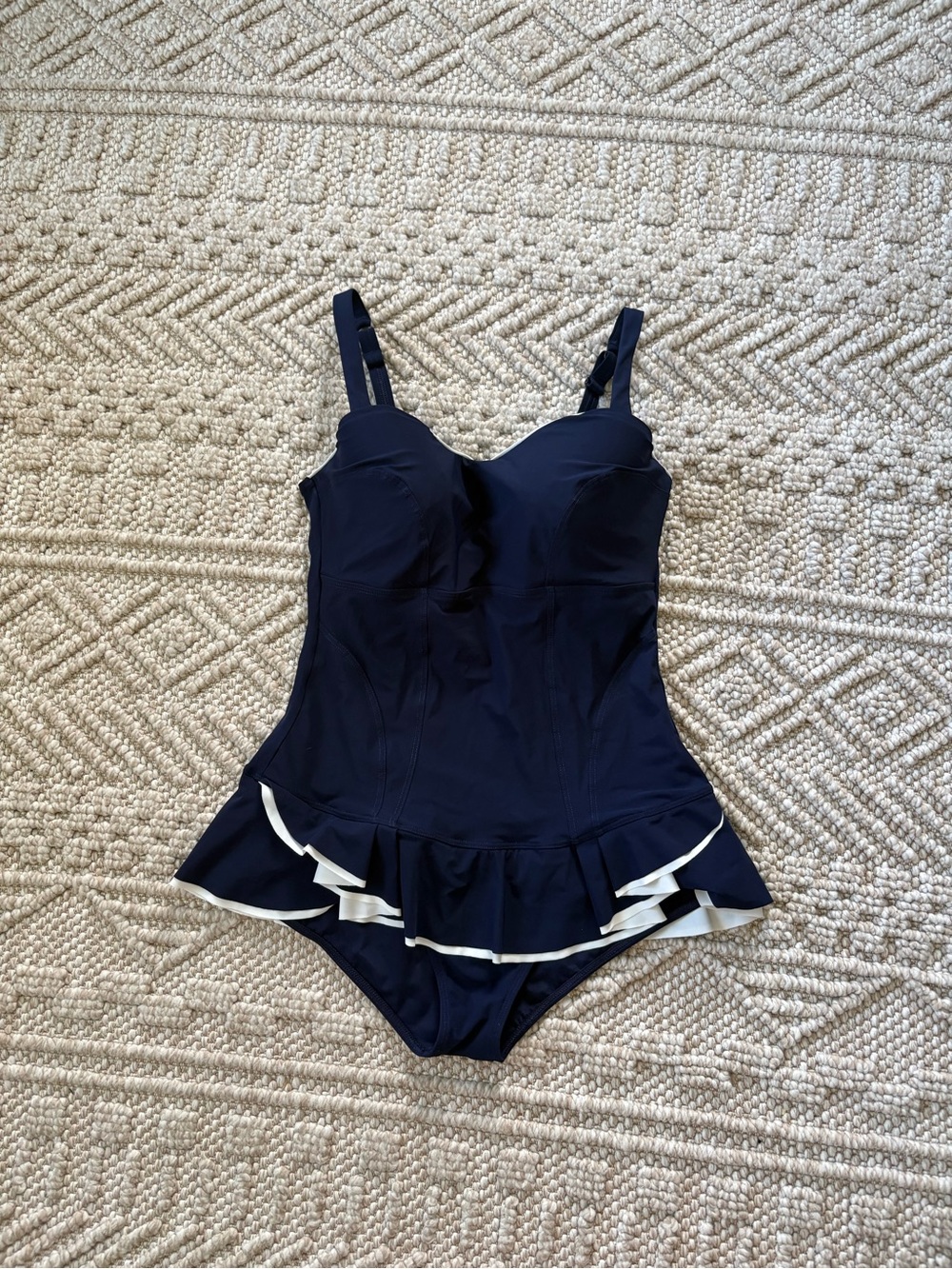 Profile By Gottex Navy One-Piece Swimsuit with White Ruffle Trim Skirt 12D